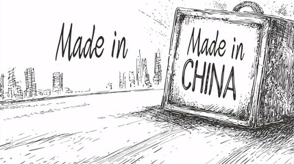 .isolate on white backgroundA hand-drawn image of a parcel box with Made in China printed, isolated on a smooth white surface. 