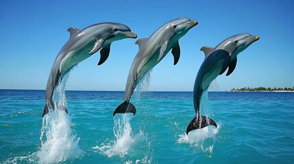 Obraz premium Three dolphins leaping high above turquoise ocean water under a clear blue sky.
