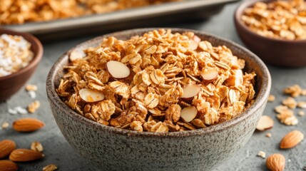 A close-up of a bowl filled with crunchy almond granola, surrounded by scattered oats and nuts, showcasing a healthy breakfast option.