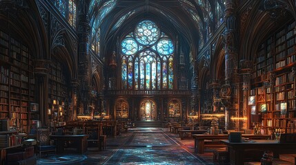 Fototapeta premium Majestic library interior gothic cathedral digital artwork serene atmosphere wide angle architectural beauty
