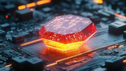 Floating holographic shield surrounded by glowing binary code and digital waveforms.