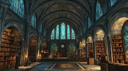 Fototapeta premium Exploring enchanted library architecture fantasy realm digital art serene atmosphere wide angle mystical knowledge