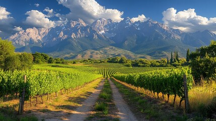 Naklejka premium Majestic Mountains Tower Above a Lush Green Vineyard on a Sunny Day