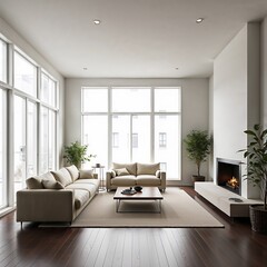 A spacious living room featuring minimalist furniture, large windows allowing natural light, and a neutral color palette with subtle accents