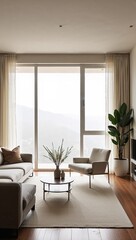 A spacious living room featuring minimalist furniture, large windows allowing natural light, and a neutral color palette with subtle accents