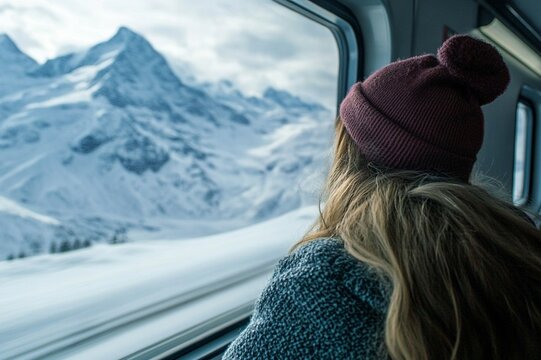 Woman in Knit Hat Train Snowy Mountain Winter View Travel Journey ice cold trip rail cold blue grey calm girl scene