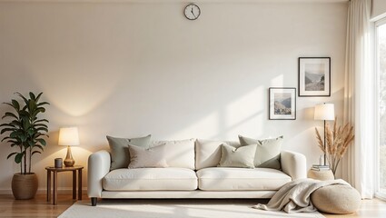 A spacious living room featuring minimalist furniture, large windows allowing natural light, and a neutral color palette with subtle accents