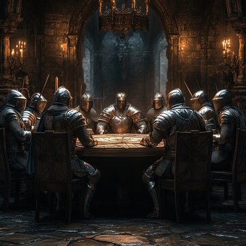 Knightly gathering at the round table medieval castle artwork dark environment dramatic viewpoint honor and chivalry