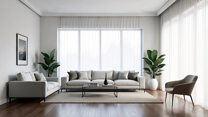 A spacious living room featuring minimalist furniture, large windows allowing natural light, and a neutral color palette with subtle accents
