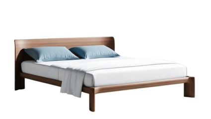 Modern bed with white and blue elements isolated on transparent background.