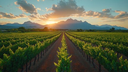 Naklejka premium Breathtaking sunset over a vineyard with majestic mountains in the background, creating a serene and picturesque landscape