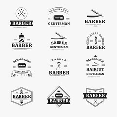 Obraz premium Design elements for barber shop, haircut's salon. Barber shop emblems templates. Vector illustration