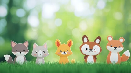 Group of adorable baby animals playing in a grassy field during a sunny day in nature