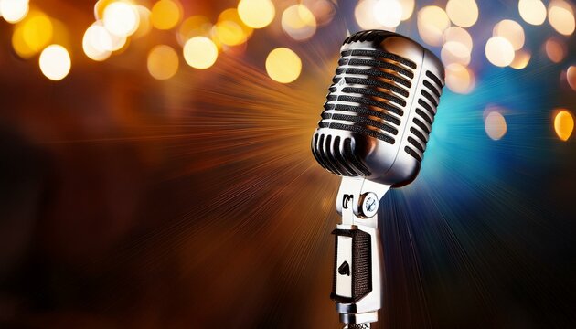 microphone with bokeh light background, stand up comedy show, karaoke or singing contest, background for poster design, open mic and jokes show,  