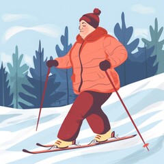 A young chubby woman of large size is skiing in the snow. An active lifestyle. A winter sport.