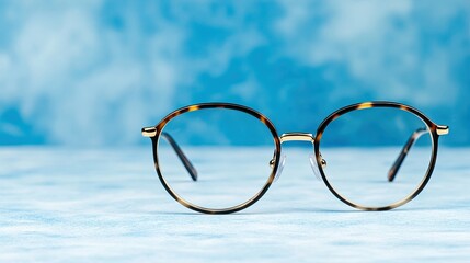 These tortoiseshell round glasses feature elegant gold rims and clear lenses, beautifully illuminated in a studio environment with a calming blue backdrop, emphasizing their design