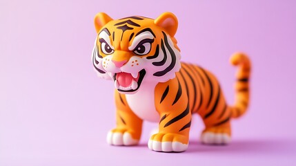 Fototapeta premium Orange tiger figurine with fierce expression on light purple background