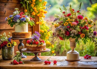 Elegant Wedding Decor: Berry-adorned Cake & Floral Bouquets in Vases