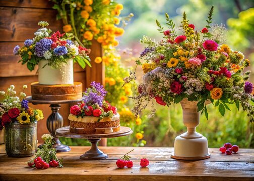 Elegant Wedding Decor: Berry-adorned Cake & Floral Bouquets in Vases