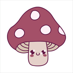 A cartoon mushroom with a mischievous expression, red cap with white polka dots, and blushing cheeks. Playful vibe