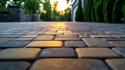 A low angle view of a cobblestone walkway with a sunset in the background