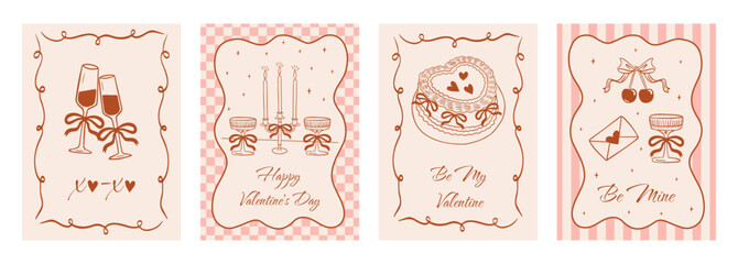 Set of vintage greeting cards for Valentine's Day in coquette style. Illustration romantic border with ribbon frame and bow in the la Dolce Vita aesthetic. Vector retro doodle hand drawn.