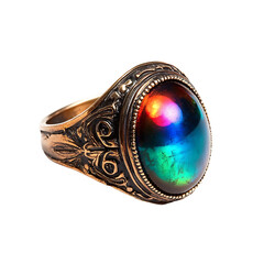 Oval gemstone ring with ornate bronze band.