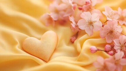 Pastel heart bokeh on cherry blossoms on yellow cloth background