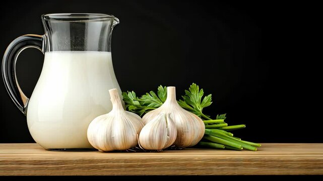 Creamy ingredient display featuring garlic bulbs, fresh herbs, and milk on a wooden surface against a dark background in a culinary setting