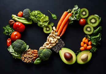 A vibrant arrangement of fresh fruits, vegetables, and nuts forming an infinity symbol.