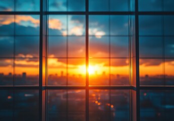 Breathtaking Sunset View through Window with Vibrant Colors and Cloudy Skies Creating a Stunning Urban Panorama at Dusk