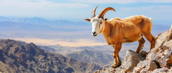 Obraz premium A lone mountain goat stands on a rocky ledge, overlooking a breathtaking landscape of mountains and valleys.