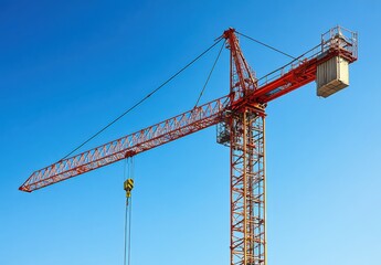 Construction crane against a clear blue sky, showcasing heavy machinery in an urban environment for building and development projects, symbolizing progress and industry.