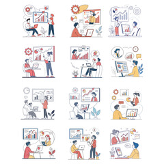 Obraz premium set business flat vector illustration design style concept. for graphic and web page banners. cartoon character design. team online video conference meeting. business planning. finance. data analytic