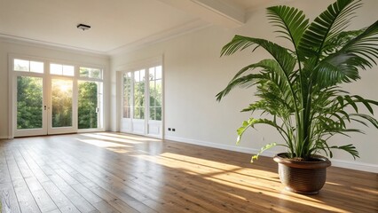 Empty Living Room with Tropical Plant, Hardwood Floor - Copy Space