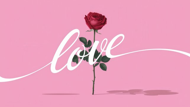 Rose is in the center of a pink background with the word LOVE written in cursi