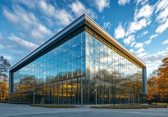 Obraz premium Modern Glass Architecture with Reflective Facade Surrounded by Autumn Trees and Dramatic Sky Aesthetic in a Contemporary Urban Setting