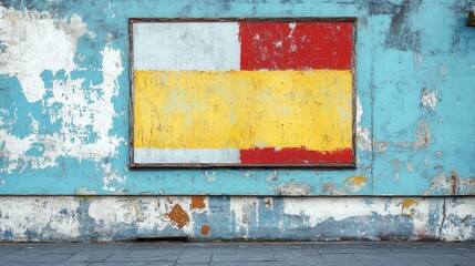 Weathered Wall with Faded Painted Rectangles, Abstract Textures and Rough Surface.