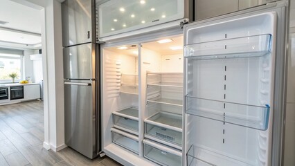 Fototapeta premium Empty Refrigerator Interior with LED Lighting - Bright Clean Kitchen Appliance Stock Photo