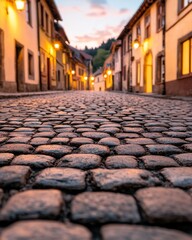 Fototapeta premium A cobblestone street illuminated by warm lights, leading through quaint buildings, creates a charming and inviting atmosphere at dusk.