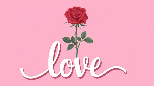 Rose is in the center of a pink background with the word LOVE written in cursi