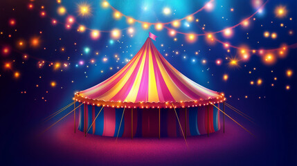 Colorful multi colored circus isometric view tent background and twinkling lights with space for copy.