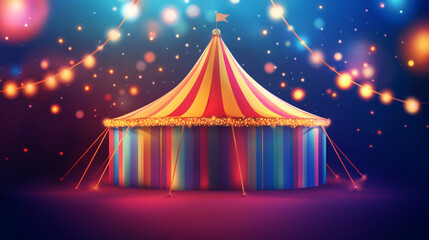 Colorful multi colored circus isometric view tent background and twinkling lights with space for copy.
