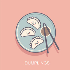Chinese jiaozi steamed dumplings in kawaii style. Isolated vector asian food chinese gyoza illustrations with shadow