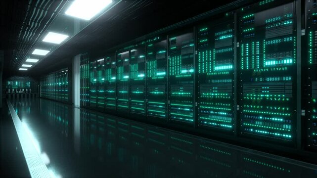 Inside Large Data Center. Advanced Cloud Computing Concept. Corridor With Server Racks And Cabinets Full Of Hard Drives