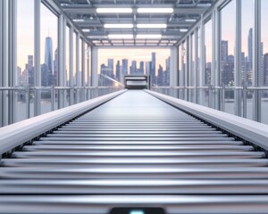 Fototapeta premium A modern conveyor belt stretches towards a city skyline, showcasing a blend of industry and urban architecture in a bright, glass-enclosed environment.