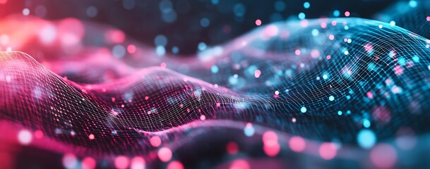 Abstract representation of data waves with colorful particles.