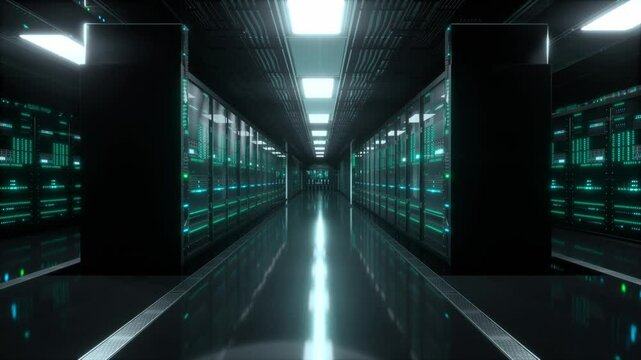 Inside Large Data Center. Advanced Cloud Computing Concept. Corridor With Server Racks And Cabinets Full Of Hard Drives