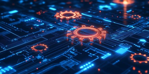 A digital abstract representation of gears on a circuit board, symbolizing technology and innovation.