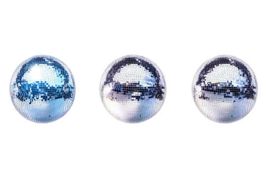Four shiny silver disco balls are lined up. on transparent background.